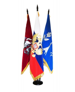 Флаги России с гербом, Москвы и Северо-Восточного АО Москвы на напольной подставке